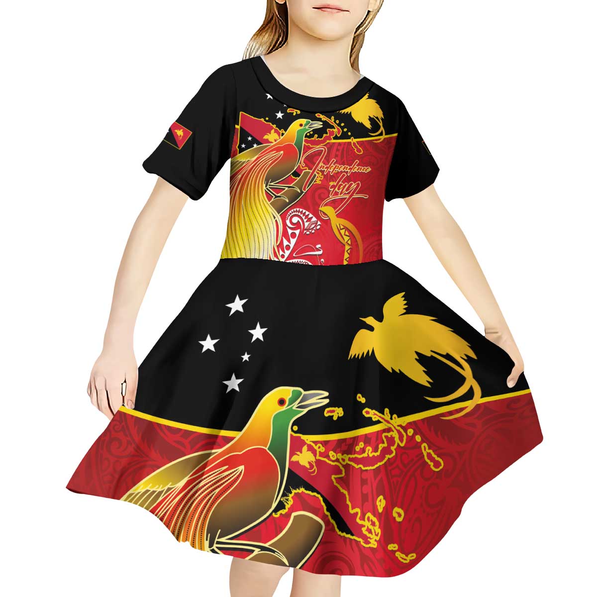 Papua New Guinea Independence Day Kid Short Sleeve Dress Happy Anniversary 50th Bird-of-paradise Melanesian Tattoos - Polynesian Pride