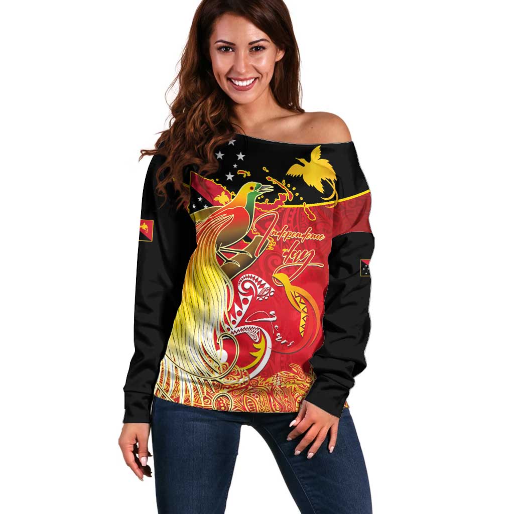 Papua New Guinea Independence Day Off Shoulder Sweater Happy Anniversary 50th Bird-of-paradise Melanesian Tattoos - Polynesian Pride