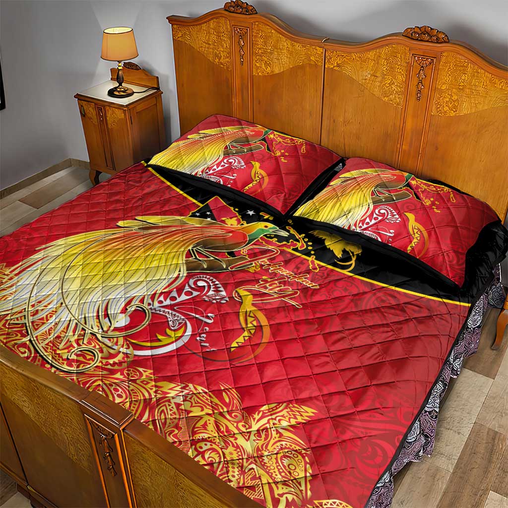 Papua New Guinea Independence Day Quilt Bed Set Happy Anniversary 50th Bird-of-paradise Melanesian Tattoos - Polynesian Pride