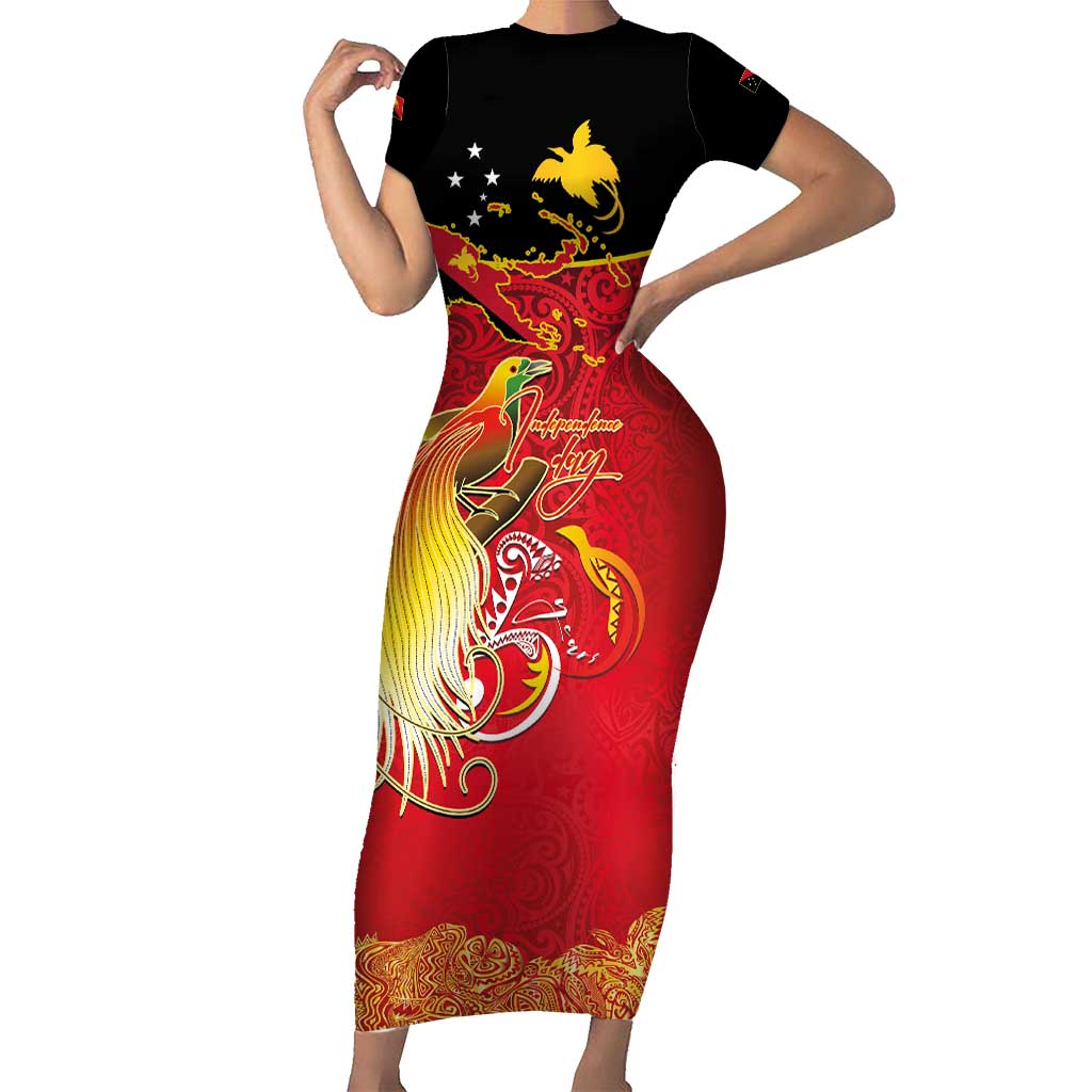 Papua New Guinea Independence Day Short Sleeve Bodycon Dress Happy Anniversary 50th Bird-of-paradise Melanesian Tattoos - Polynesian Pride