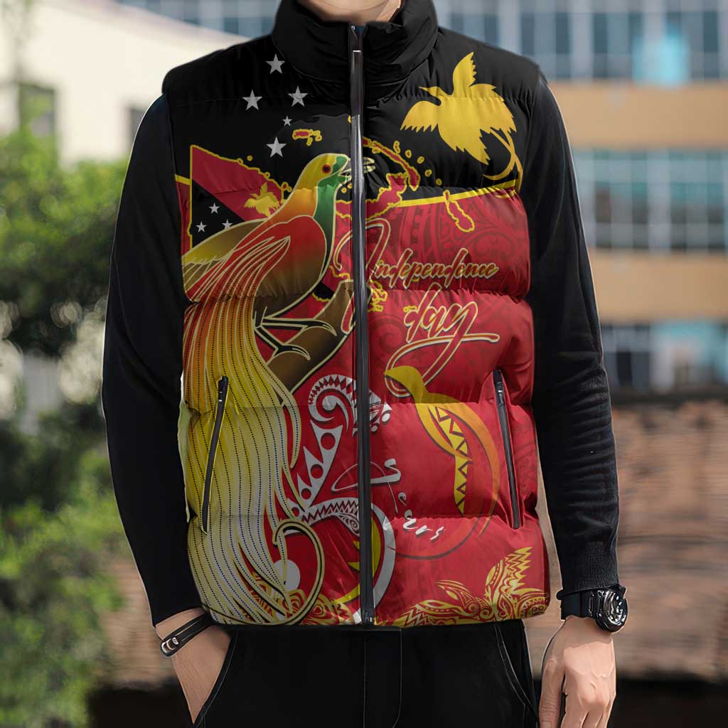Papua New Guinea Independence Day Sleeveless Puffer Jacket Happy Anniversary 50th Bird-of-paradise Melanesian Tattoos - Polynesian Pride
