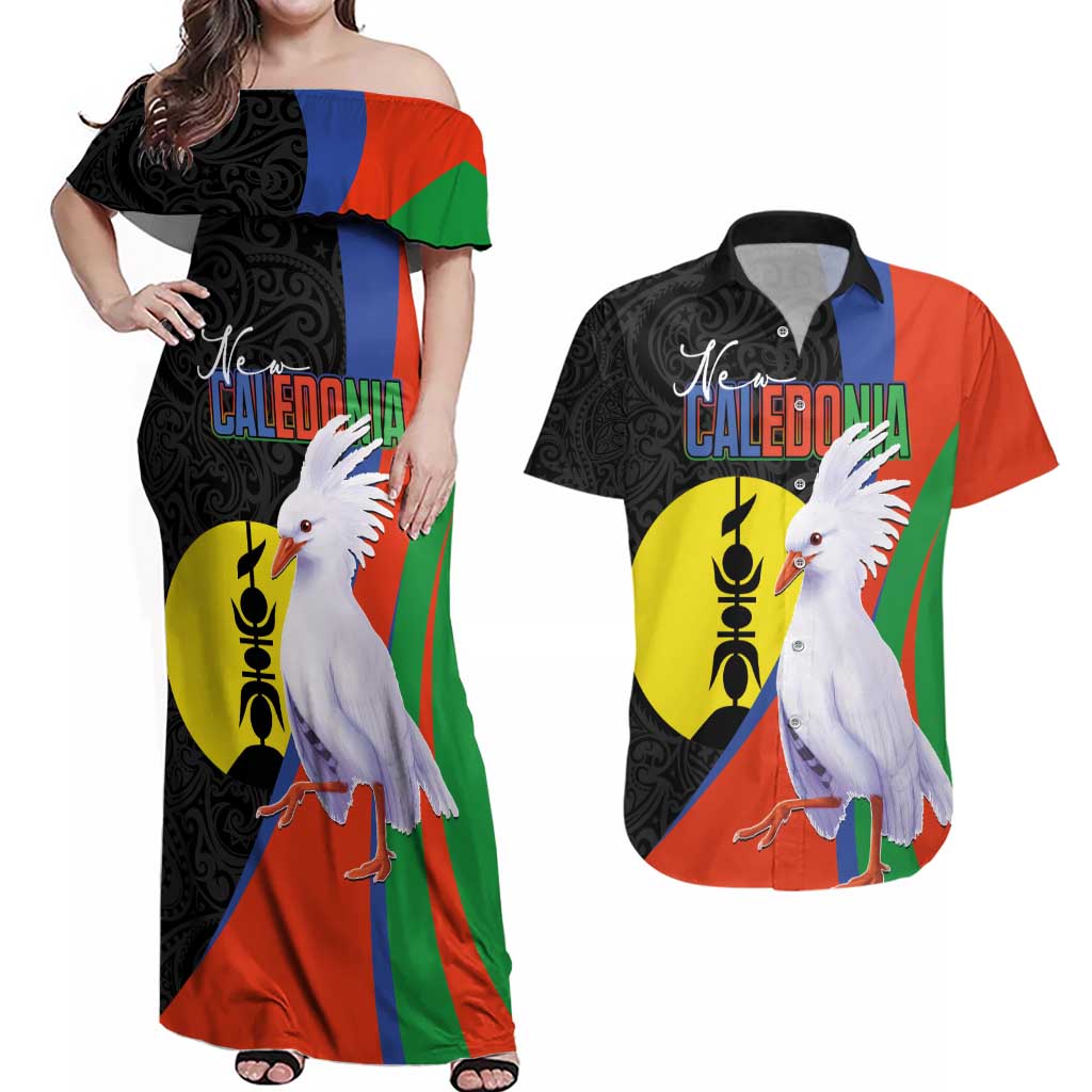 New Caledonia Couples Matching Off Shoulder Maxi Dress and Hawaiian Shirt Kagu Bird and The Seal with Melanesian Culture - Polynesian Pride