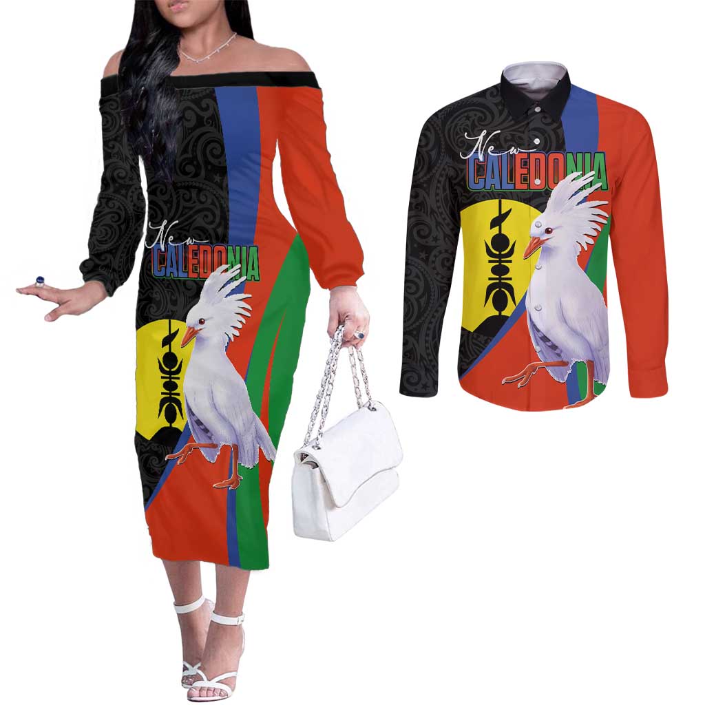 New Caledonia Couples Matching Off The Shoulder Long Sleeve Dress and Long Sleeve Button Shirt Kagu Bird and The Seal with Melanesian Culture - Polynesian Pride