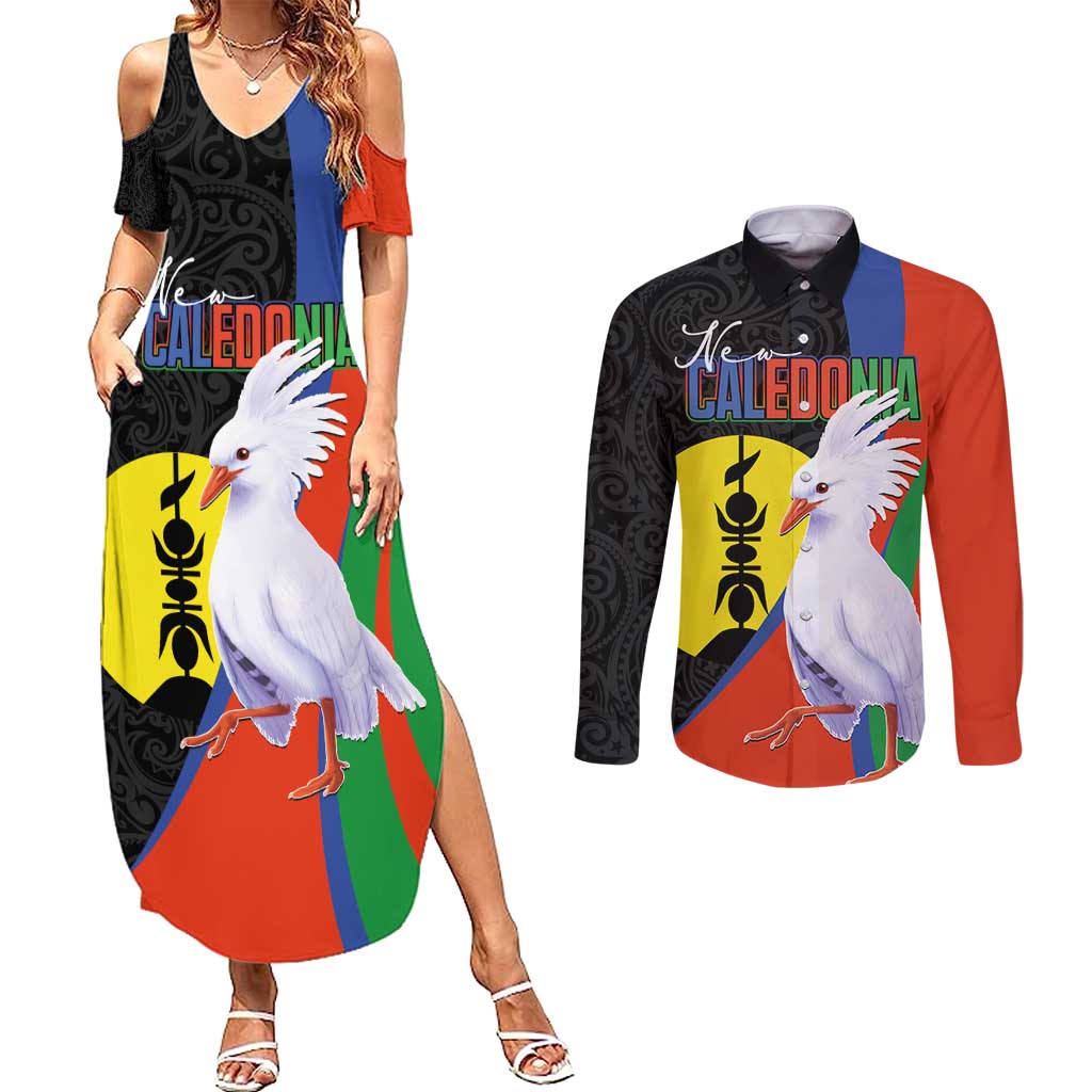 New Caledonia Couples Matching Summer Maxi Dress and Long Sleeve Button Shirt Kagu Bird and The Seal with Melanesian Culture - Polynesian Pride