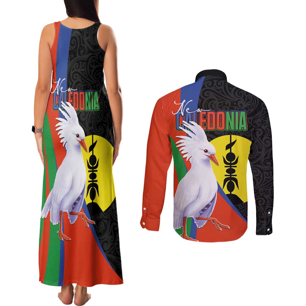 New Caledonia Couples Matching Tank Maxi Dress and Long Sleeve Button Shirt Kagu Bird and The Seal with Melanesian Culture - Polynesian Pride