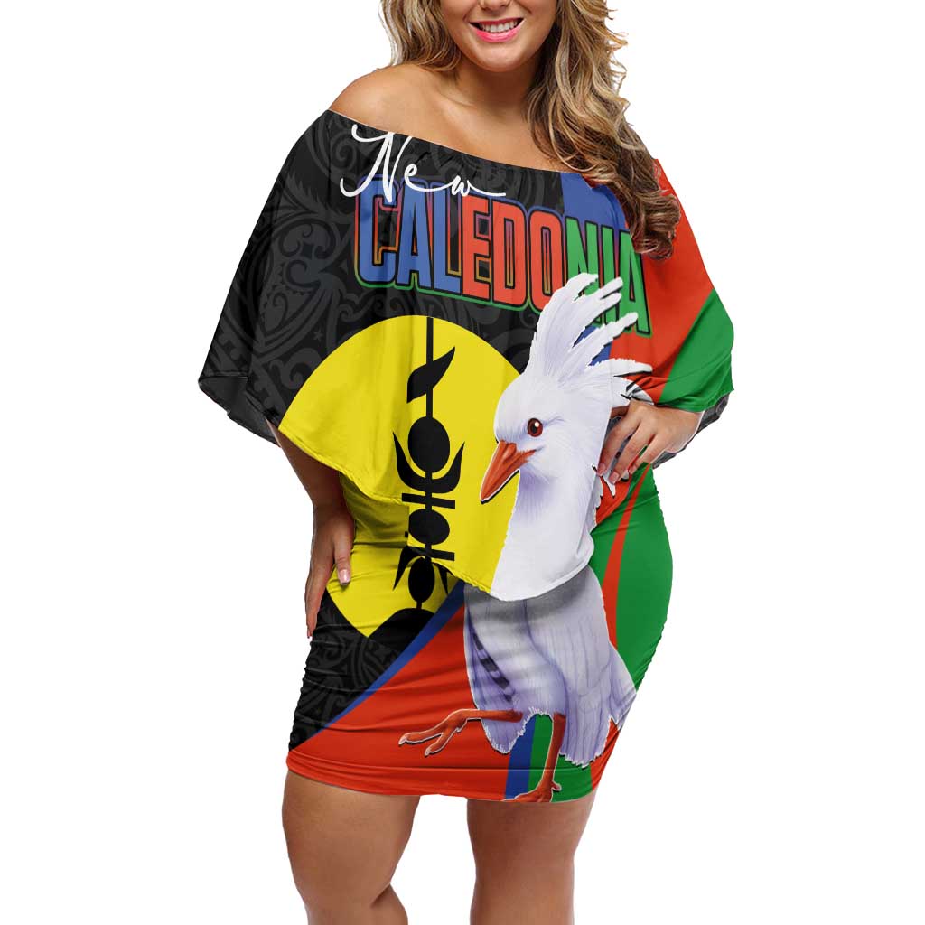 New Caledonia Off Shoulder Short Dress Kagu Bird and The Seal with Melanesian Culture - Polynesian Pride