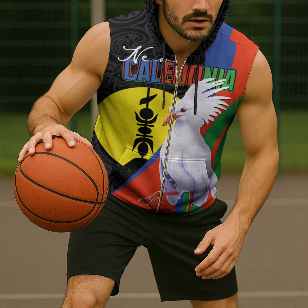 New Caledonia Sleeveless Zip Hoodie Kagu Bird and The Seal with Melanesian Culture - Polynesian Pride