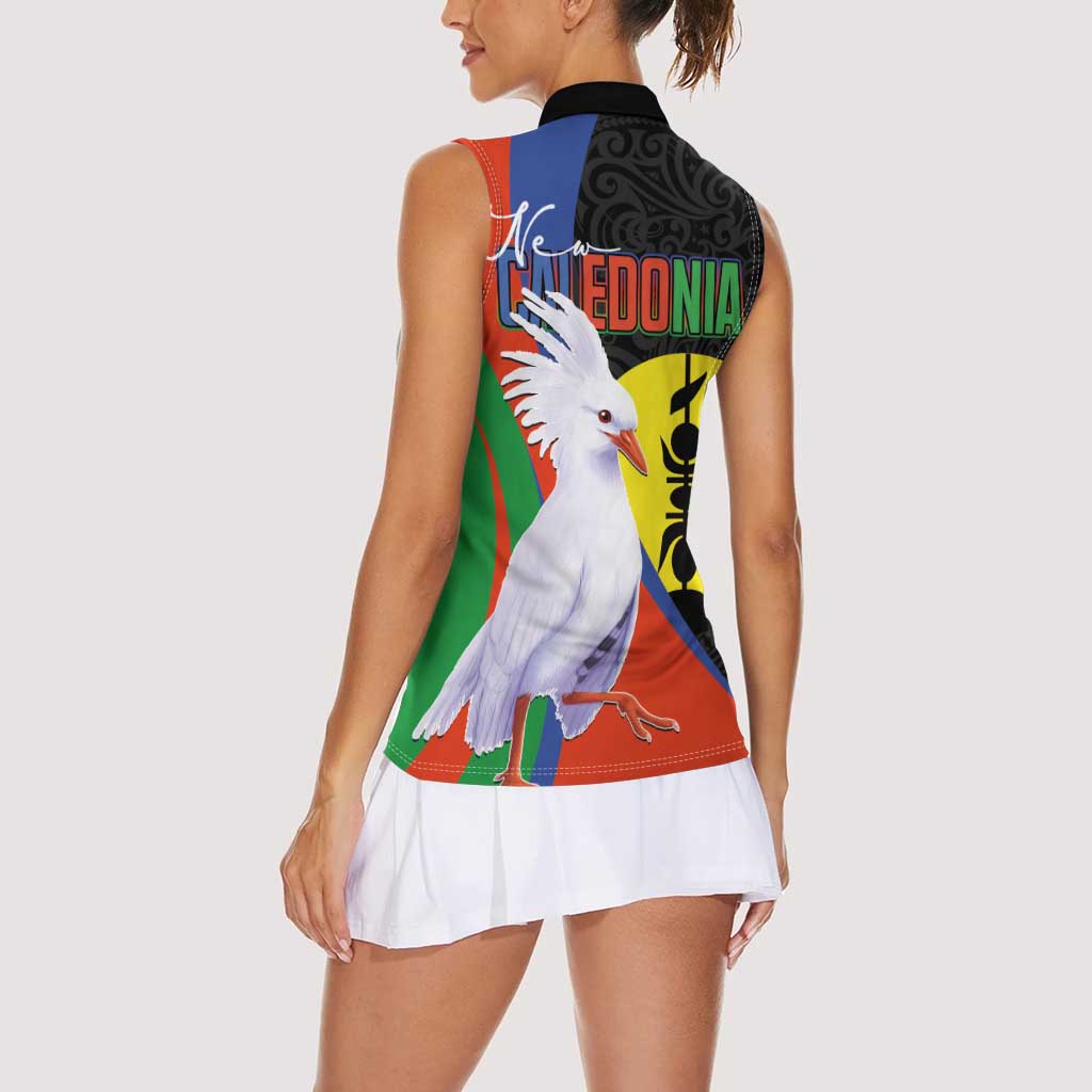 New Caledonia Women Sleeveless Polo Shirt Kagu Bird and The Seal with Melanesian Culture - Polynesian Pride
