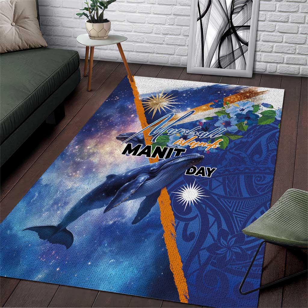 Marshall Islands Manit Day Area Rug Grunge National Flag with Whales and Tribal Tattoos - Polynesian Pride
