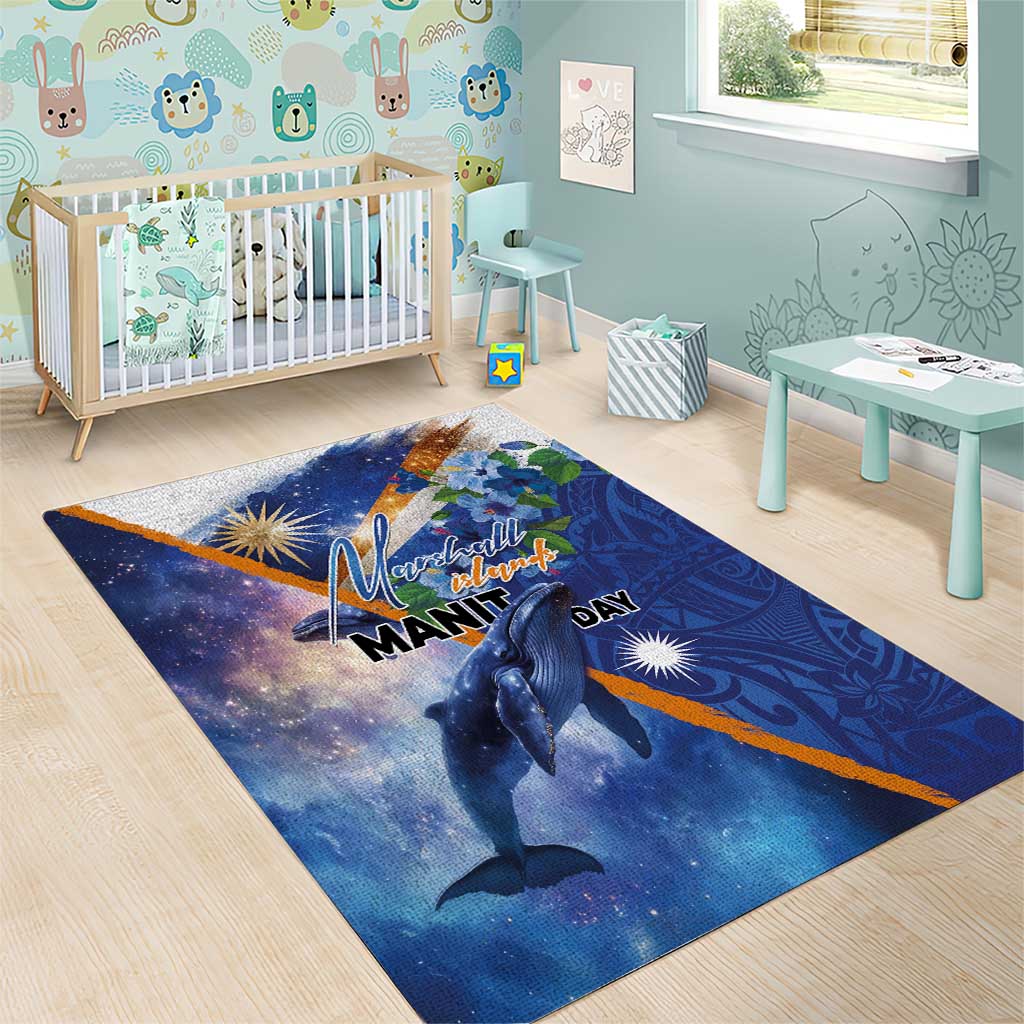 Marshall Islands Manit Day Area Rug Grunge National Flag with Whales and Tribal Tattoos - Polynesian Pride