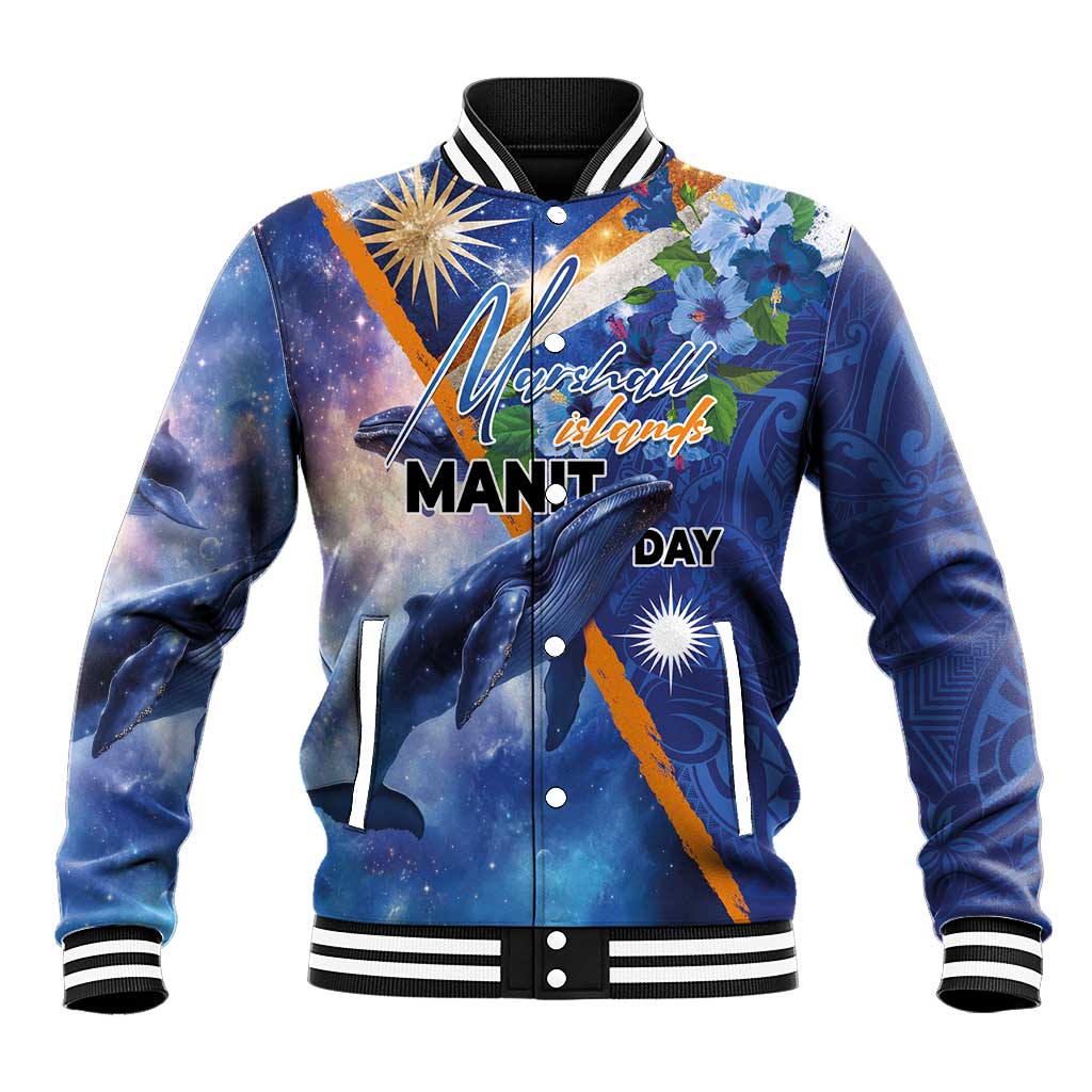 Marshall Islands Manit Day Baseball Jacket Grunge National Flag with Whales and Tribal Tattoos - Polynesian Pride