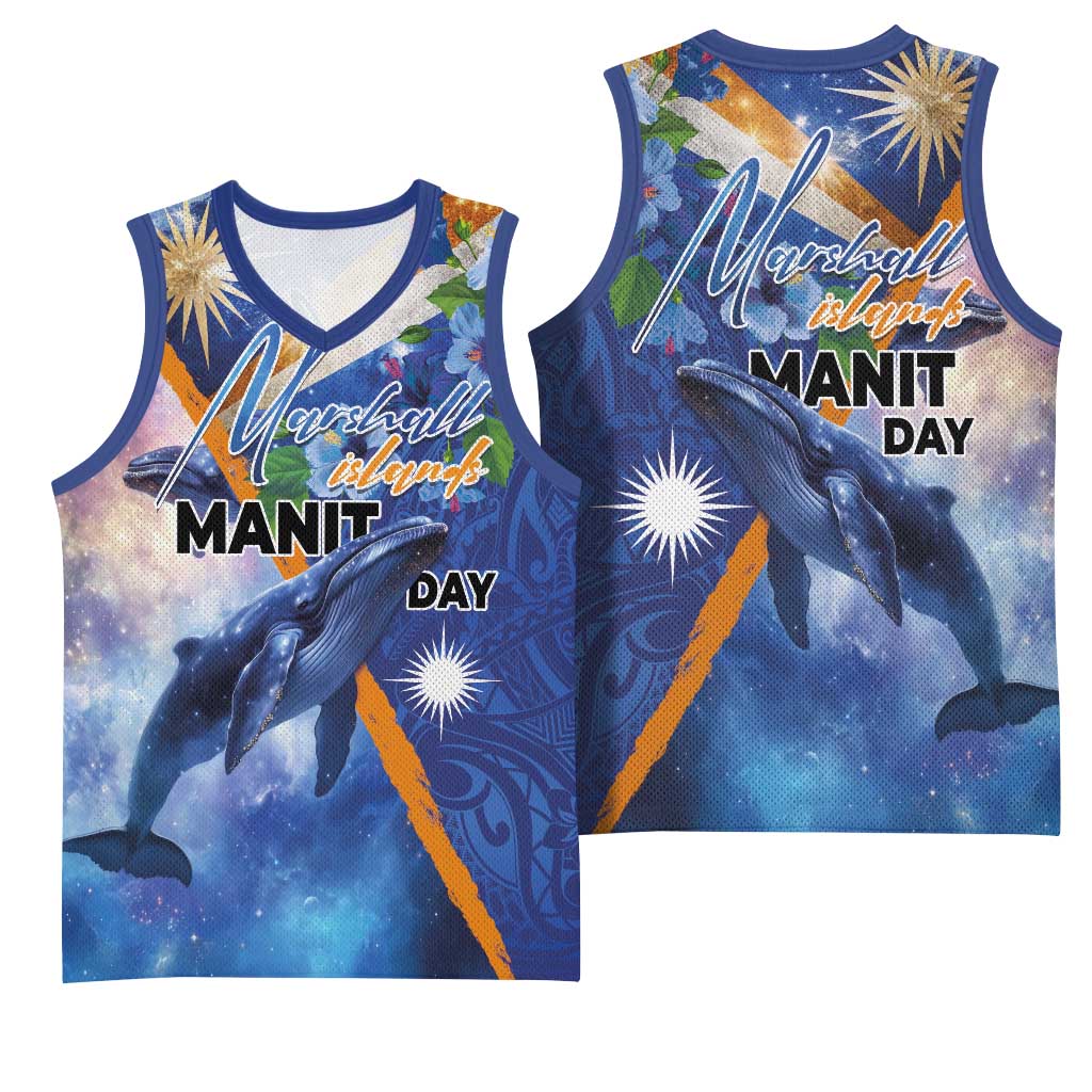 Marshall Islands Manit Day Basketball Jersey Grunge National Flag with Whales and Tribal Tattoos - Polynesian Pride