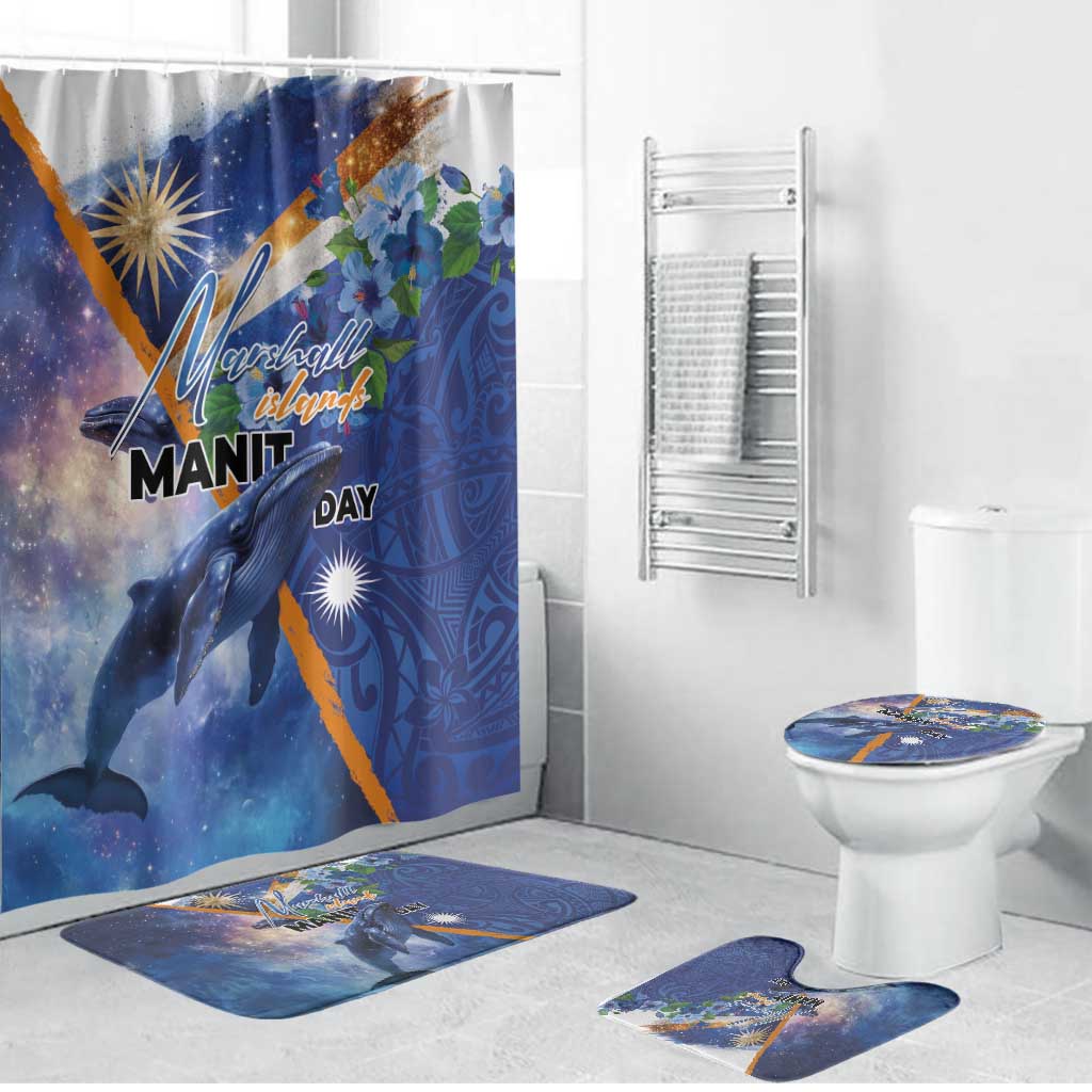 Marshall Islands Manit Day Bathroom Set Grunge National Flag with Whales and Tribal Tattoos - Polynesian Pride
