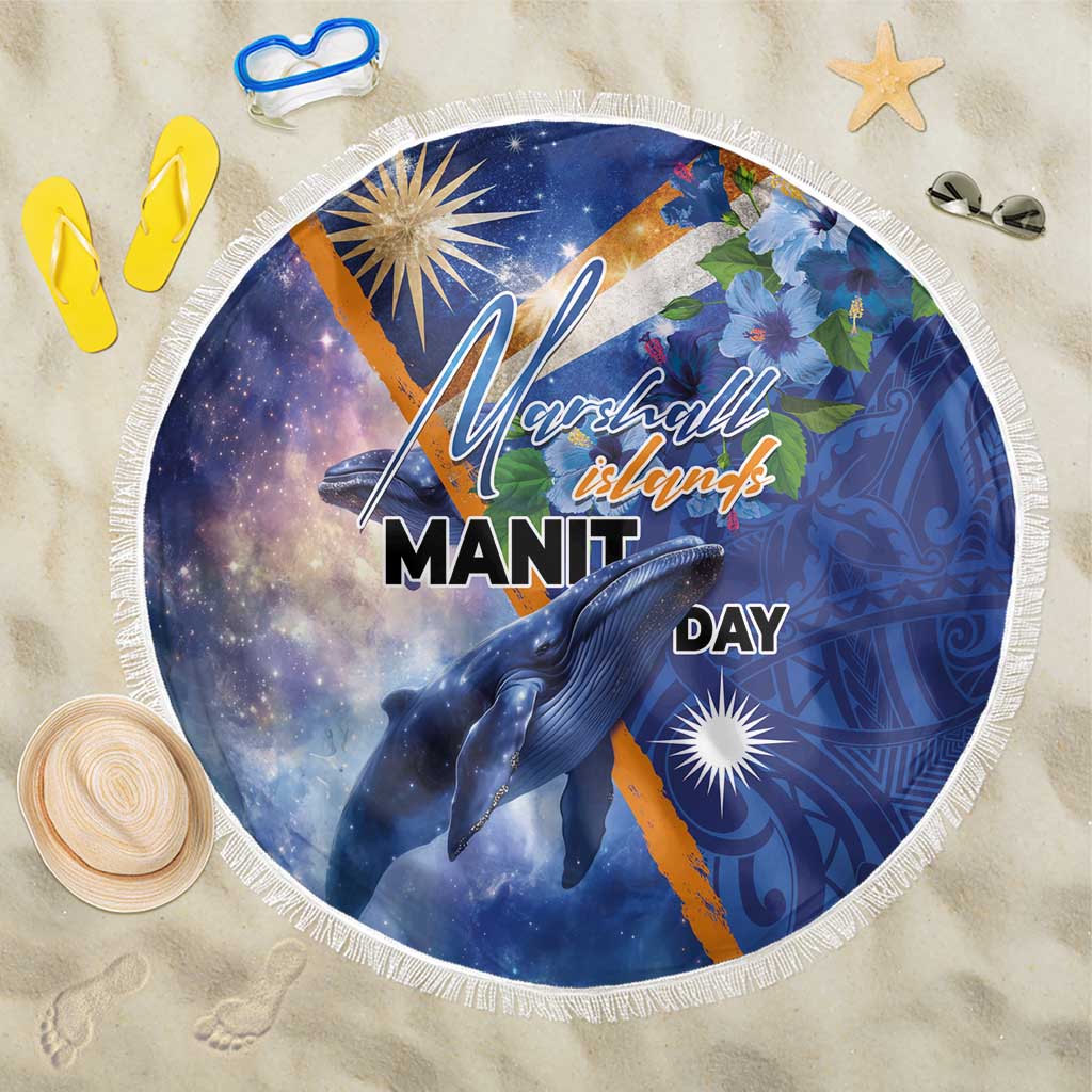 Marshall Islands Manit Day Beach Blanket Grunge National Flag with Whales and Tribal Tattoos LT03 One Size 150cm Blue - Polynesian Pride