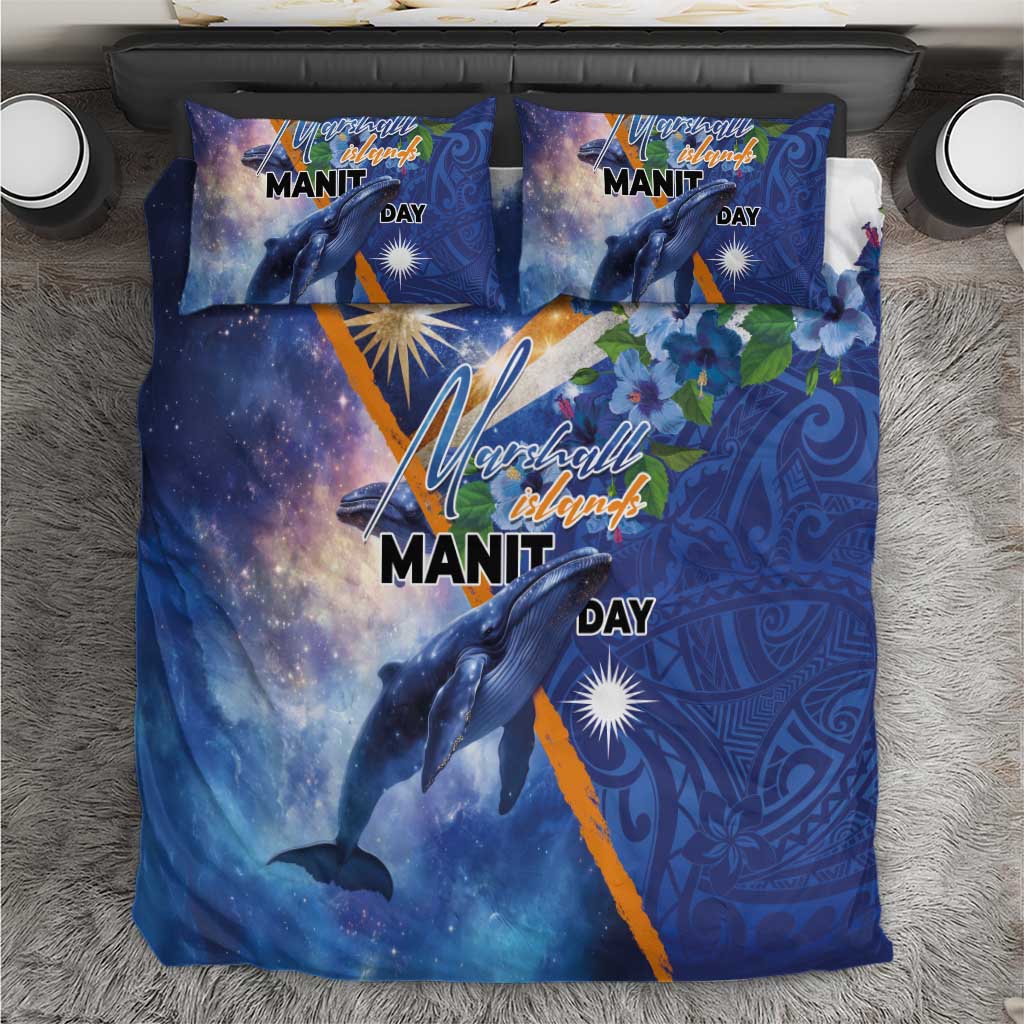 Marshall Islands Manit Day Bedding Set Grunge National Flag with Whales and Tribal Tattoos LT03 Blue - Polynesian Pride