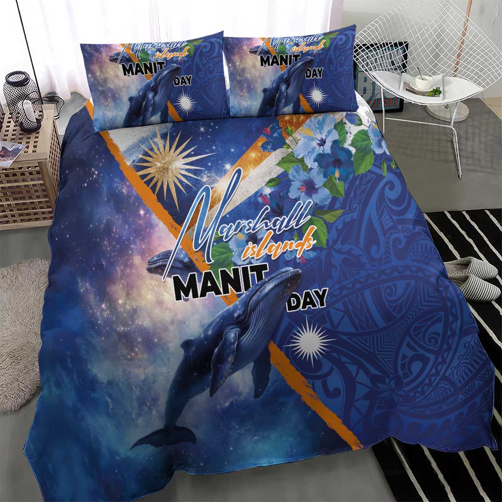 Marshall Islands Manit Day Bedding Set Grunge National Flag with Whales and Tribal Tattoos - Polynesian Pride