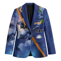 Marshall Islands Manit Day Blazer Grunge National Flag with Whales and Tribal Tattoos LT03 Unisex Blue - Polynesian Pride