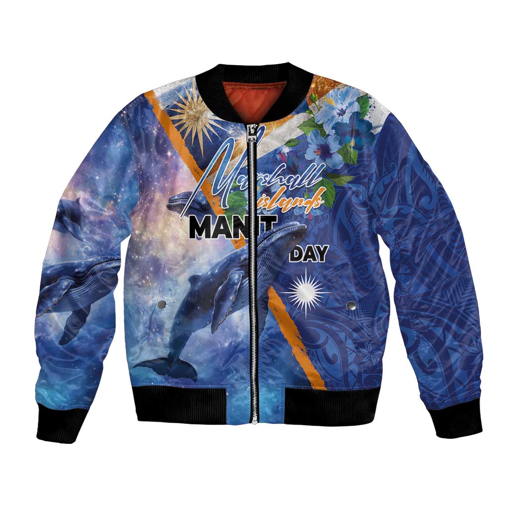 Marshall Islands Manit Day Bomber Jacket Grunge National Flag with Whales and Tribal Tattoos LT03 Unisex Blue - Polynesian Pride