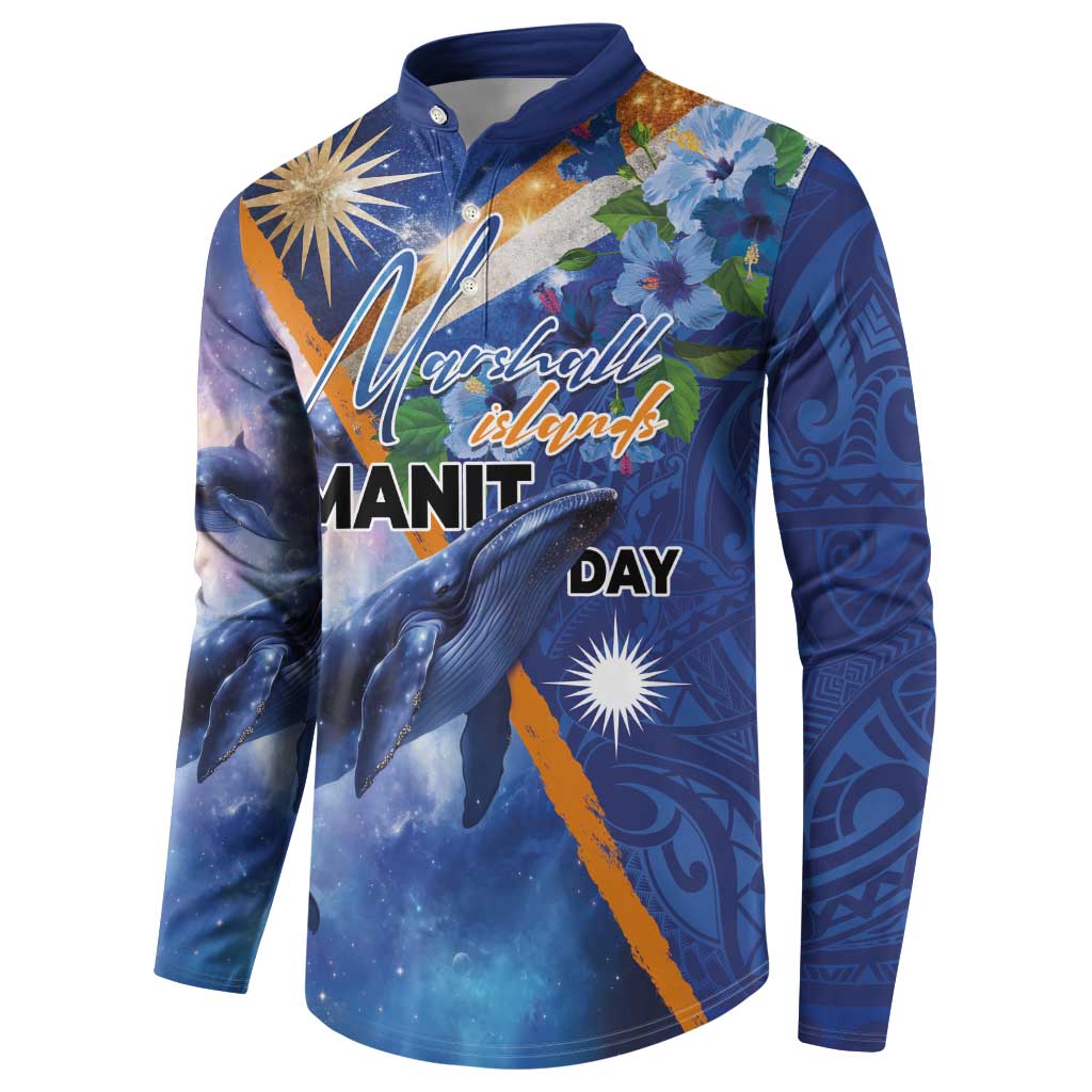 Marshall Islands Manit Day Button Sweatshirt Grunge National Flag with Whales and Tribal Tattoos - Polynesian Pride