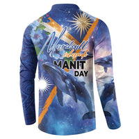 Marshall Islands Manit Day Button Sweatshirt Grunge National Flag with Whales and Tribal Tattoos - Polynesian Pride