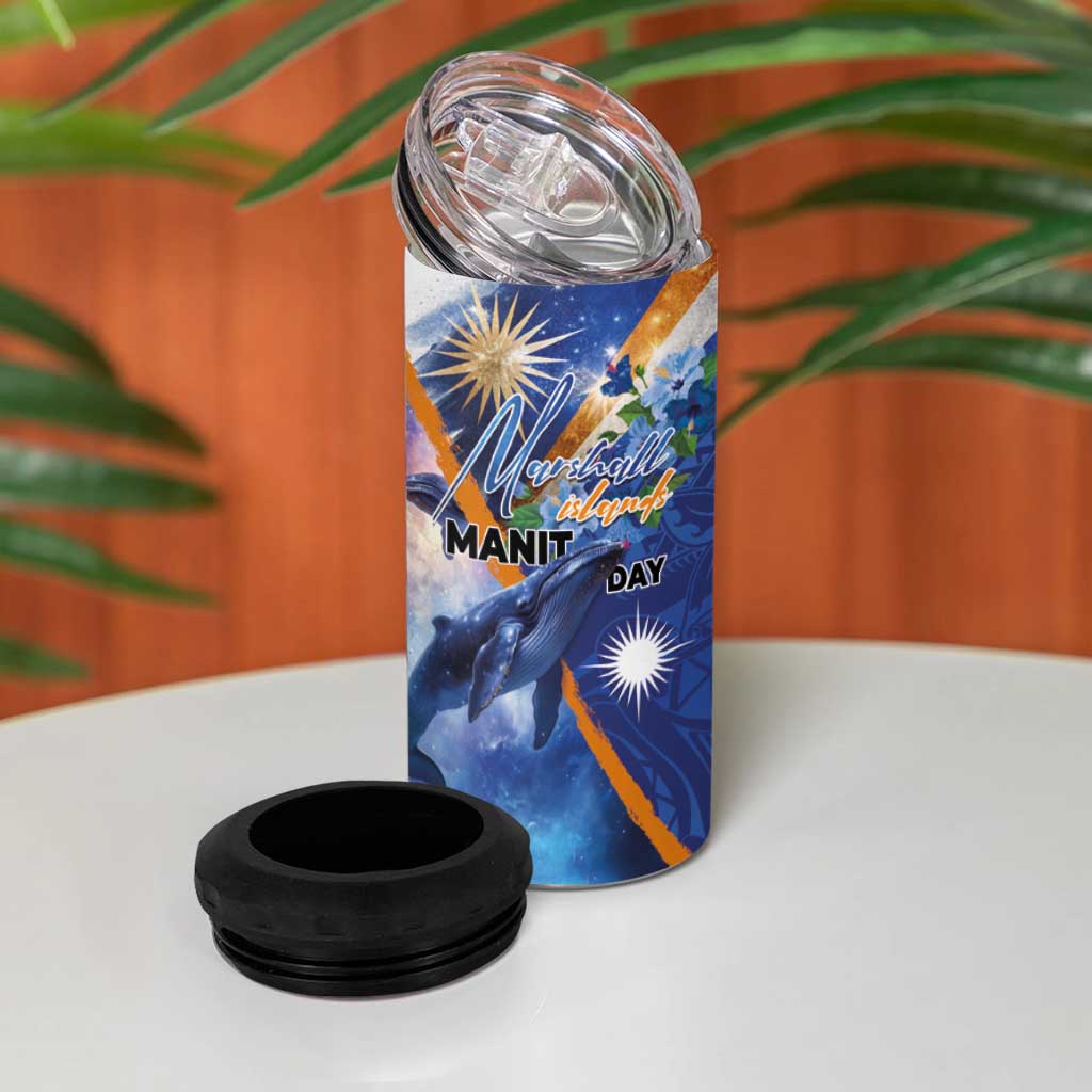Marshall Islands Manit Day 4 in 1 Can Cooler Tumbler Grunge National Flag with Whales and Tribal Tattoos - Polynesian Pride
