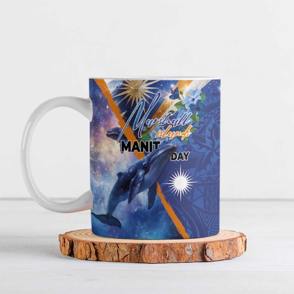 Marshall Islands Manit Day Ceramic Mug Grunge National Flag with Whales and Tribal Tattoos - Polynesian Pride