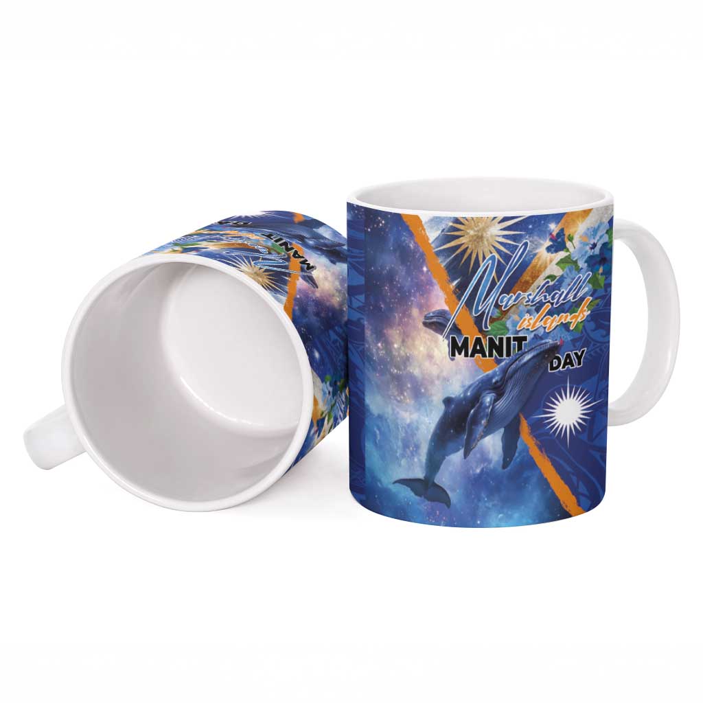 Marshall Islands Manit Day Ceramic Mug Grunge National Flag with Whales and Tribal Tattoos - Polynesian Pride