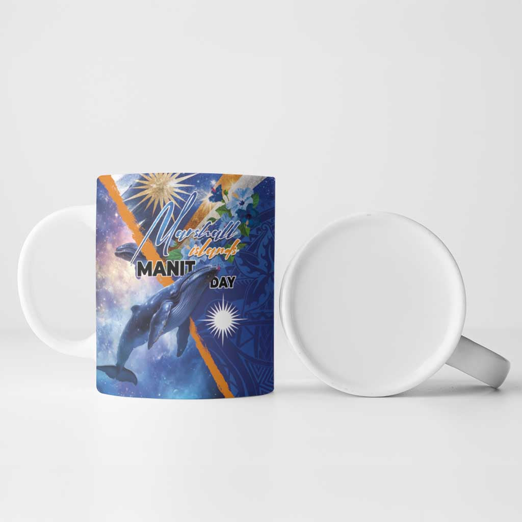 Marshall Islands Manit Day Ceramic Mug Grunge National Flag with Whales and Tribal Tattoos - Polynesian Pride