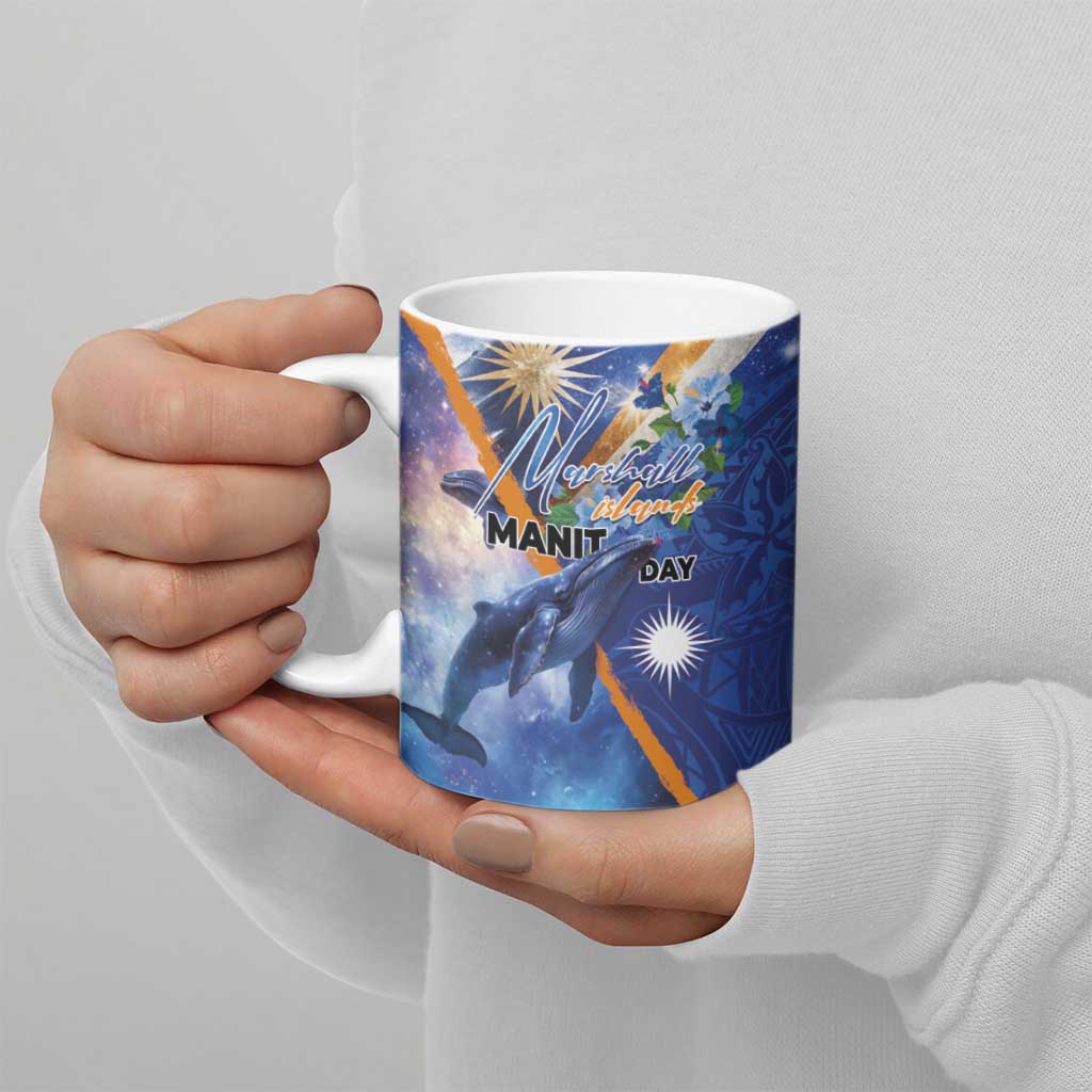 Marshall Islands Manit Day Ceramic Mug Grunge National Flag with Whales and Tribal Tattoos - Polynesian Pride