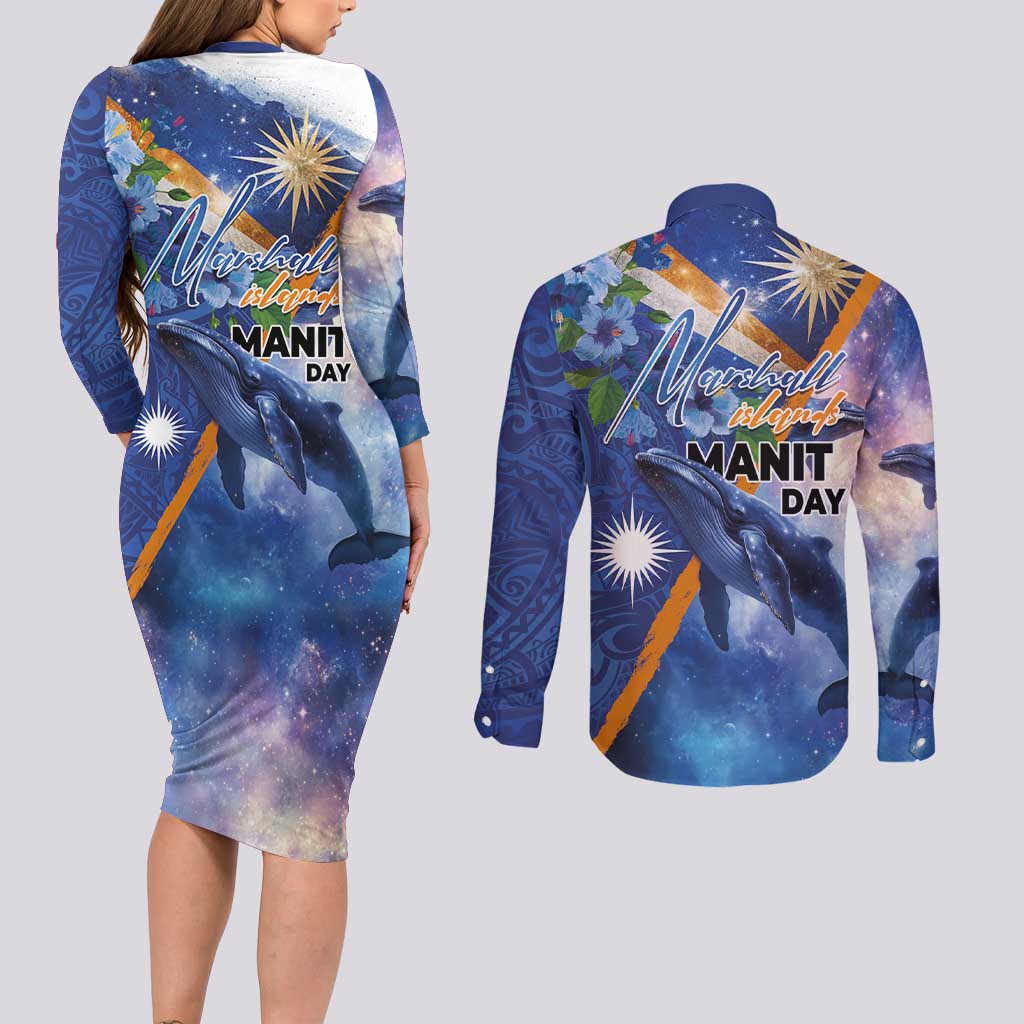 Marshall Islands Manit Day Couples Matching Long Sleeve Bodycon Dress and Long Sleeve Button Shirt Grunge National Flag with Whales and Tribal Tattoos - Polynesian Pride
