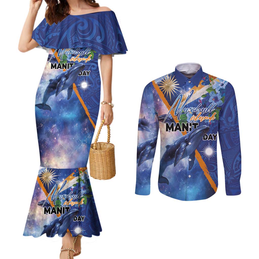 Marshall Islands Manit Day Couples Matching Mermaid Dress and Long Sleeve Button Shirt Grunge National Flag with Whales and Tribal Tattoos - Polynesian Pride