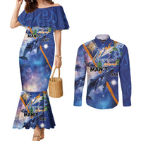 Marshall Islands Manit Day Couples Matching Mermaid Dress and Long Sleeve Button Shirt Grunge National Flag with Whales and Tribal Tattoos - Polynesian Pride