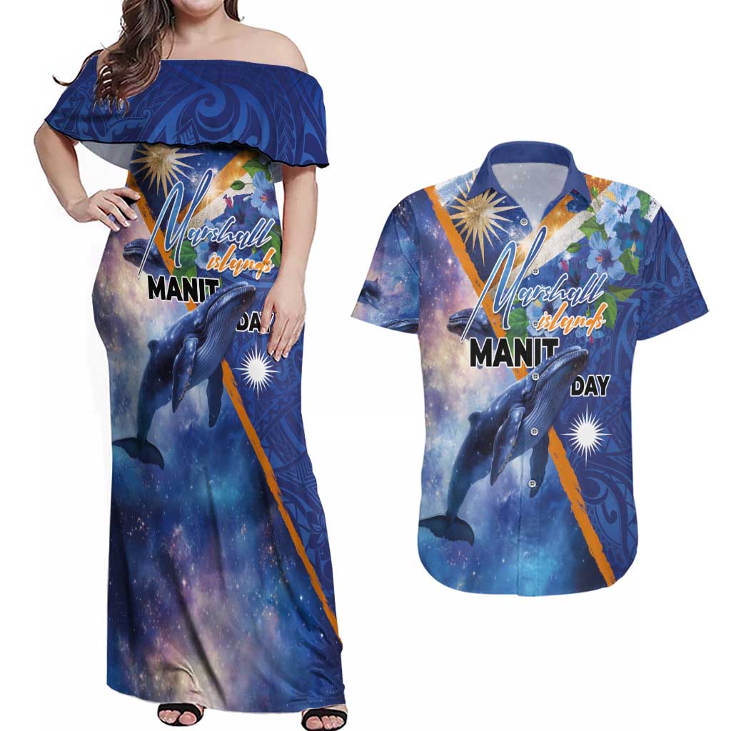 Marshall Islands Manit Day Couples Matching Off Shoulder Maxi Dress and Hawaiian Shirt Grunge National Flag with Whales and Tribal Tattoos - Polynesian Pride