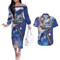Marshall Islands Manit Day Couples Matching Off The Shoulder Long Sleeve Dress and Hawaiian Shirt Grunge National Flag with Whales and Tribal Tattoos - Polynesian Pride