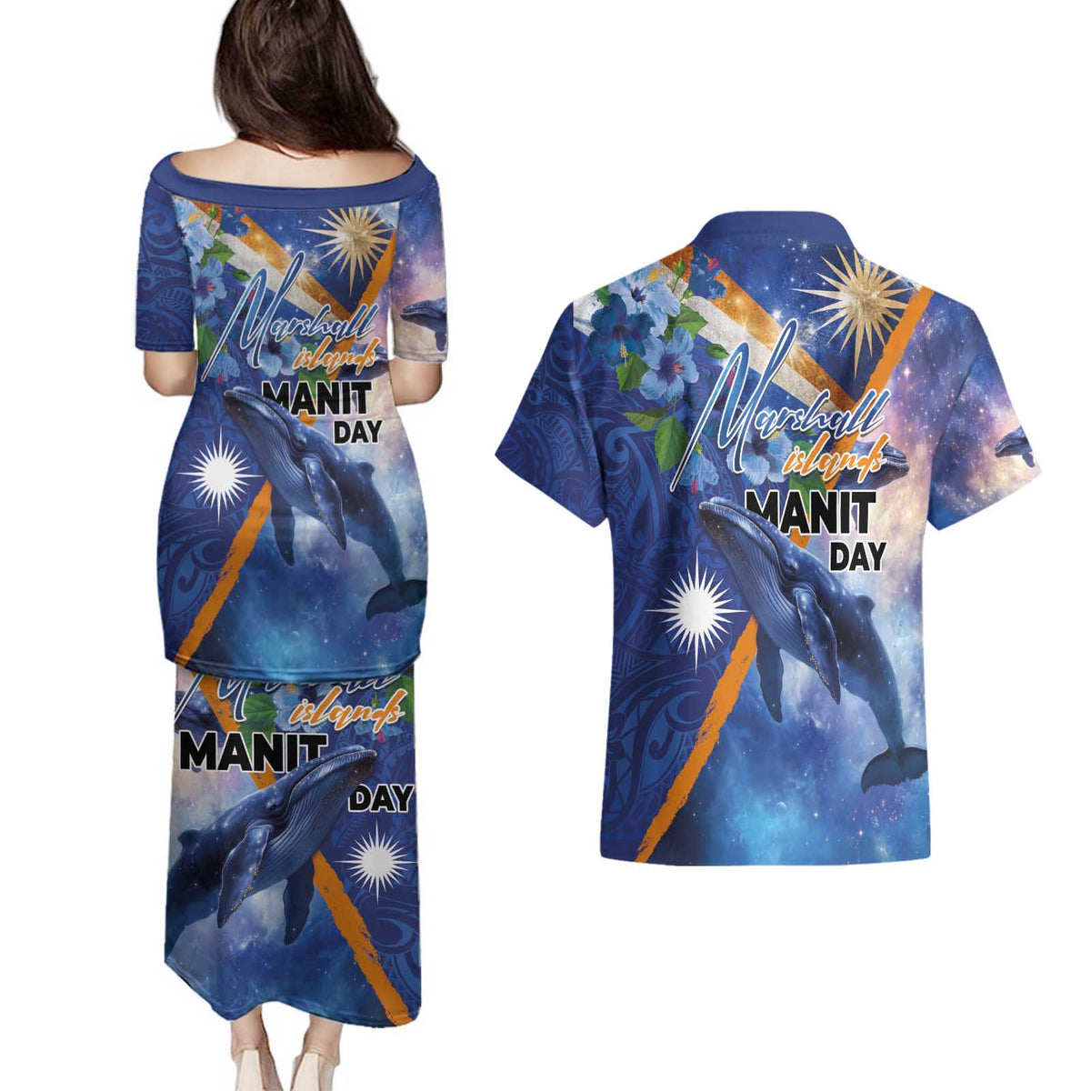 Marshall Islands Manit Day Couples Matching Puletasi and Hawaiian Shirt Grunge National Flag with Whales and Tribal Tattoos - Polynesian Pride