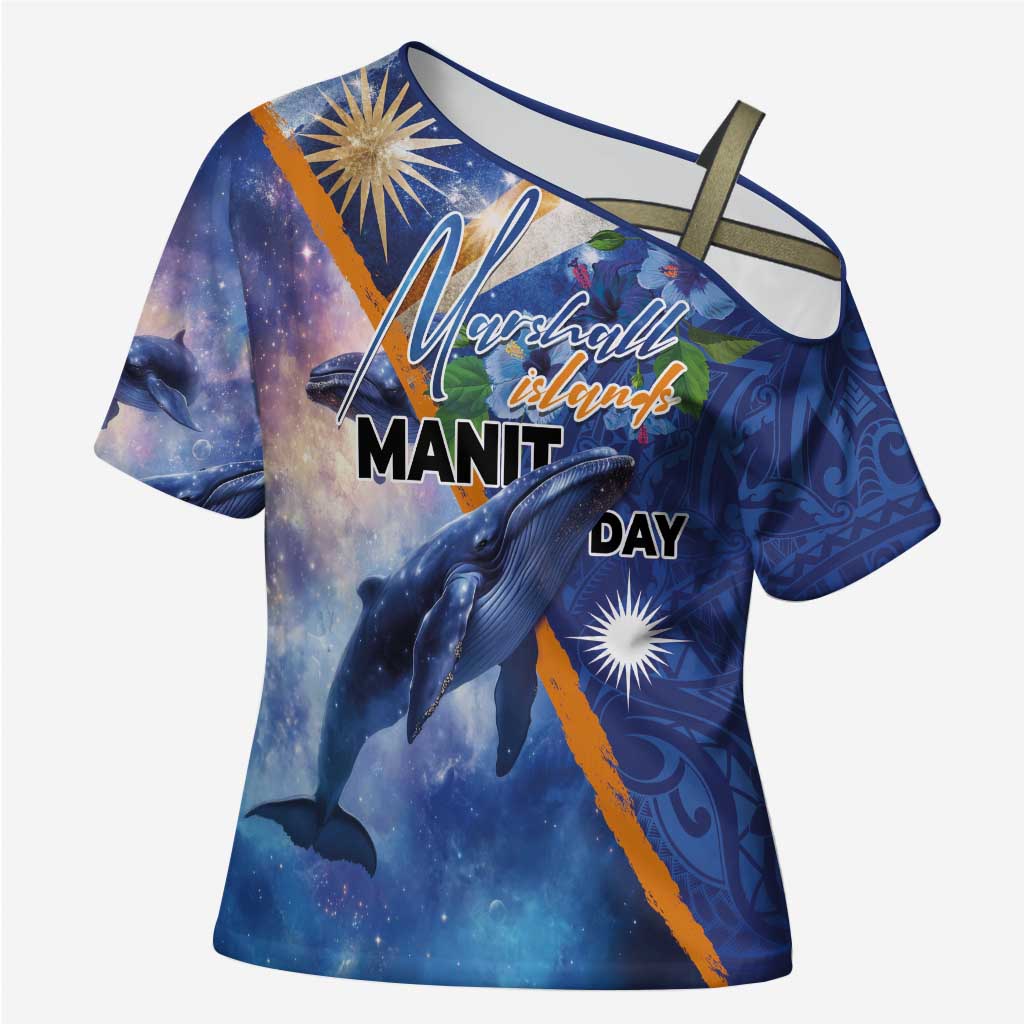 Marshall Islands Manit Day Cross Shoulder Shirt Grunge National Flag with Whales and Tribal Tattoos - Polynesian Pride