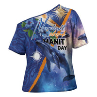 Marshall Islands Manit Day Cross Shoulder Shirt Grunge National Flag with Whales and Tribal Tattoos - Polynesian Pride