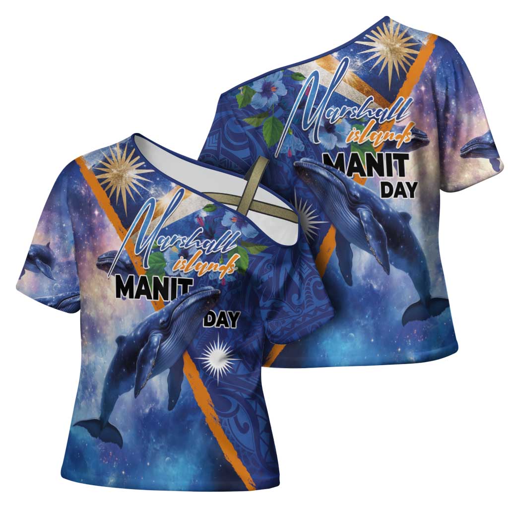 Marshall Islands Manit Day Cross Shoulder Shirt Grunge National Flag with Whales and Tribal Tattoos - Polynesian Pride
