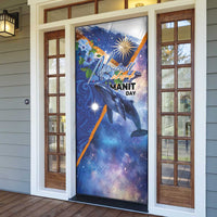 Marshall Islands Manit Day Door Cover Grunge National Flag with Whales and Tribal Tattoos - Polynesian Pride