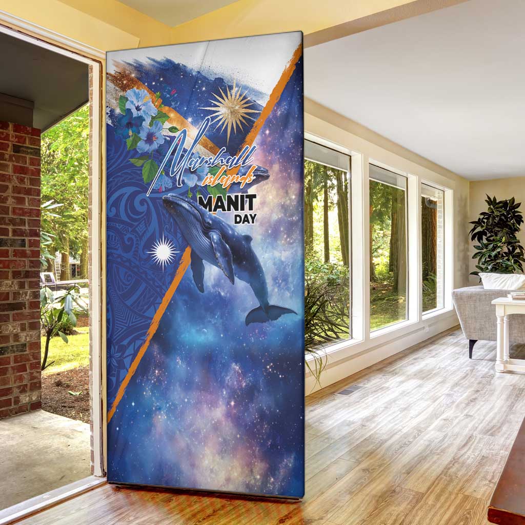 Marshall Islands Manit Day Door Cover Grunge National Flag with Whales and Tribal Tattoos - Polynesian Pride