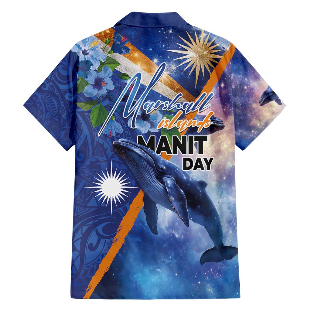 Marshall Islands Manit Day Family Matching Long Sleeve Bodycon Dress and Hawaiian Shirt Grunge National Flag with Whales and Tribal Tattoos - Polynesian Pride