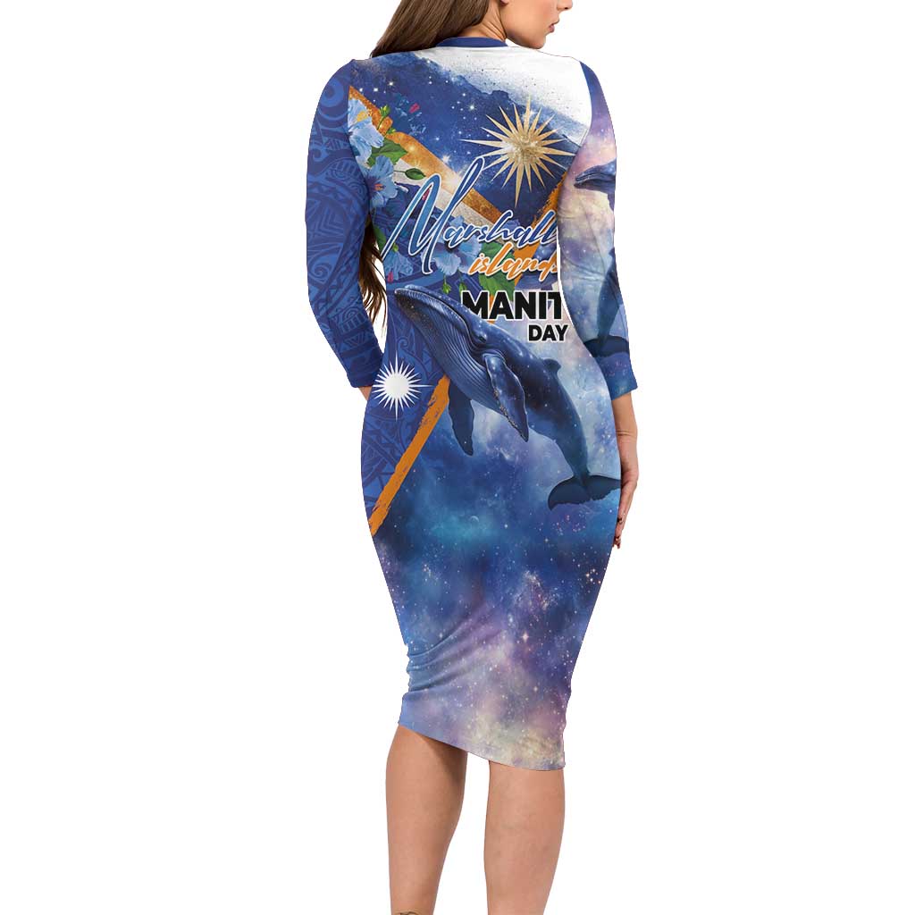 Marshall Islands Manit Day Family Matching Long Sleeve Bodycon Dress and Hawaiian Shirt Grunge National Flag with Whales and Tribal Tattoos - Polynesian Pride