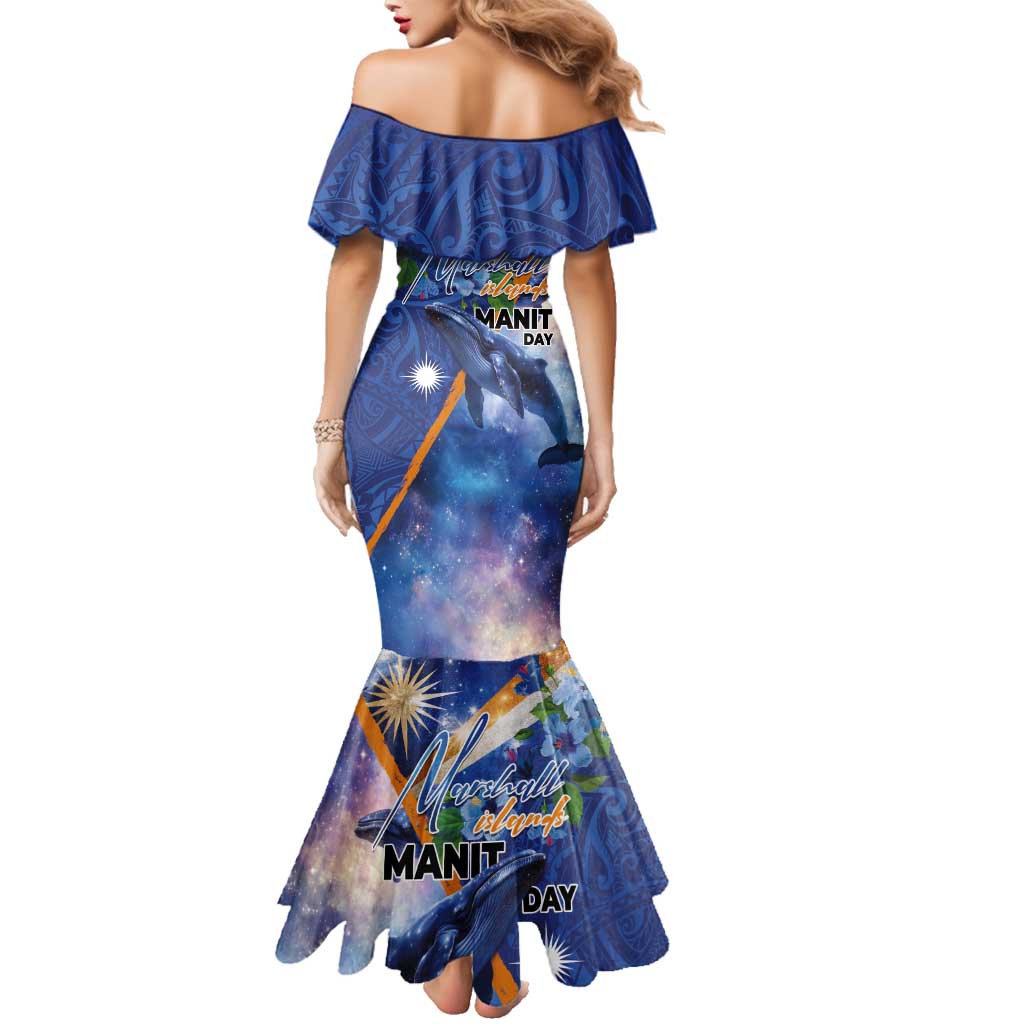 Marshall Islands Manit Day Family Matching Mermaid Dress and Hawaiian Shirt Grunge National Flag with Whales and Tribal Tattoos - Polynesian Pride