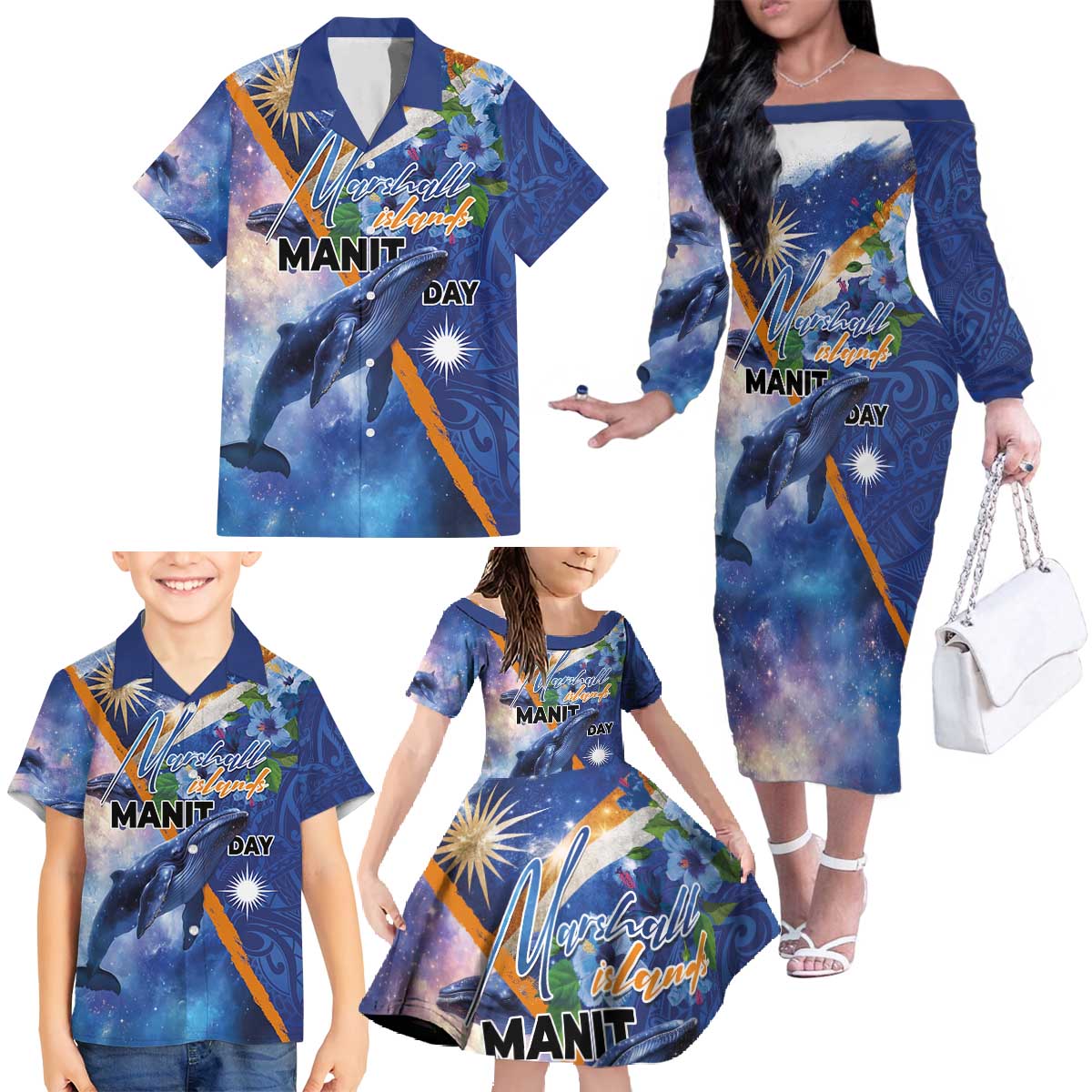 Marshall Islands Manit Day Family Matching Off The Shoulder Long Sleeve Dress and Hawaiian Shirt Grunge National Flag with Whales and Tribal Tattoos - Polynesian Pride