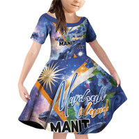 Marshall Islands Manit Day Family Matching Off Shoulder Short Dress and Hawaiian Shirt Grunge National Flag with Whales and Tribal Tattoos - Polynesian Pride