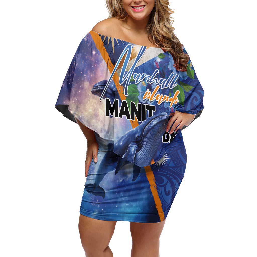 Marshall Islands Manit Day Family Matching Off Shoulder Short Dress and Hawaiian Shirt Grunge National Flag with Whales and Tribal Tattoos - Polynesian Pride