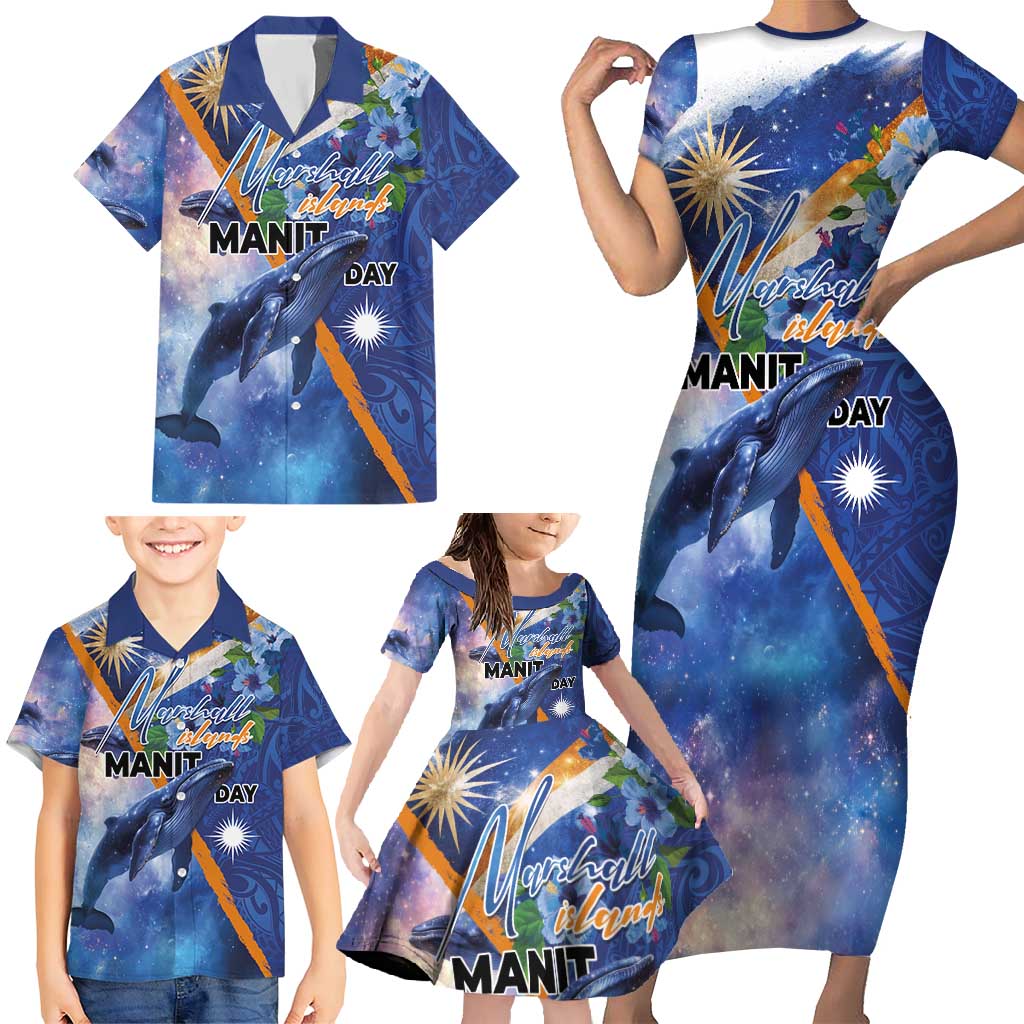 Marshall Islands Manit Day Family Matching Short Sleeve Bodycon Dress and Hawaiian Shirt Grunge National Flag with Whales and Tribal Tattoos - Polynesian Pride