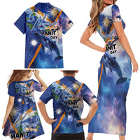 Marshall Islands Manit Day Family Matching Short Sleeve Bodycon Dress and Hawaiian Shirt Grunge National Flag with Whales and Tribal Tattoos - Polynesian Pride