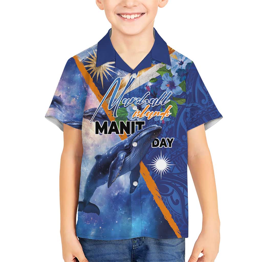 Marshall Islands Manit Day Family Matching Short Sleeve Bodycon Dress and Hawaiian Shirt Grunge National Flag with Whales and Tribal Tattoos - Polynesian Pride