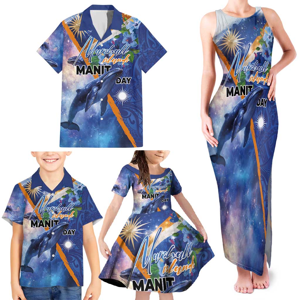 Marshall Islands Manit Day Family Matching Tank Maxi Dress and Hawaiian Shirt Grunge National Flag with Whales and Tribal Tattoos - Polynesian Pride